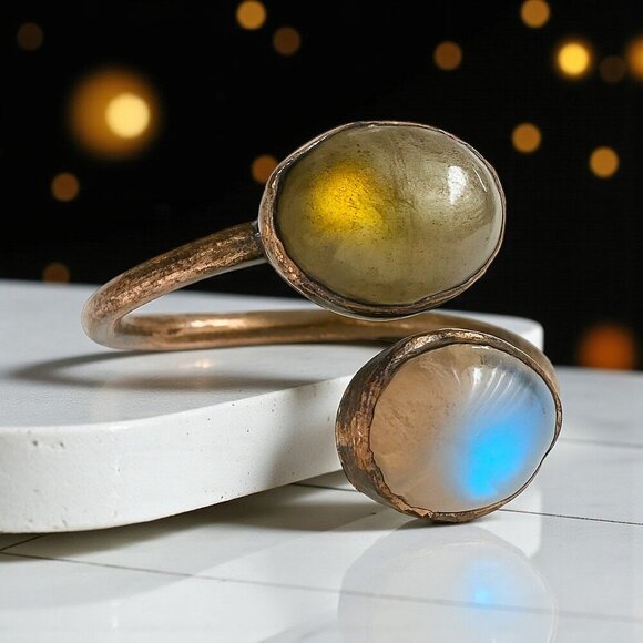 🆕️Vintage Style Boho Chic Labradorite Handcrafted Copper Adjustable Open Ring - Picture 10 of 13